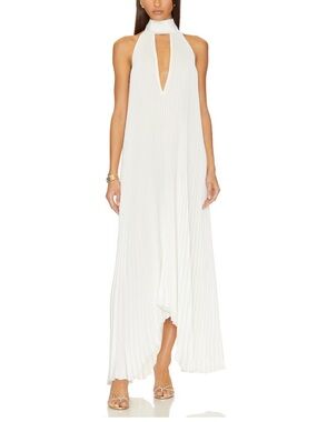 L’IDEE Opera Pleated Maxi Dress with Front Keyhole in White